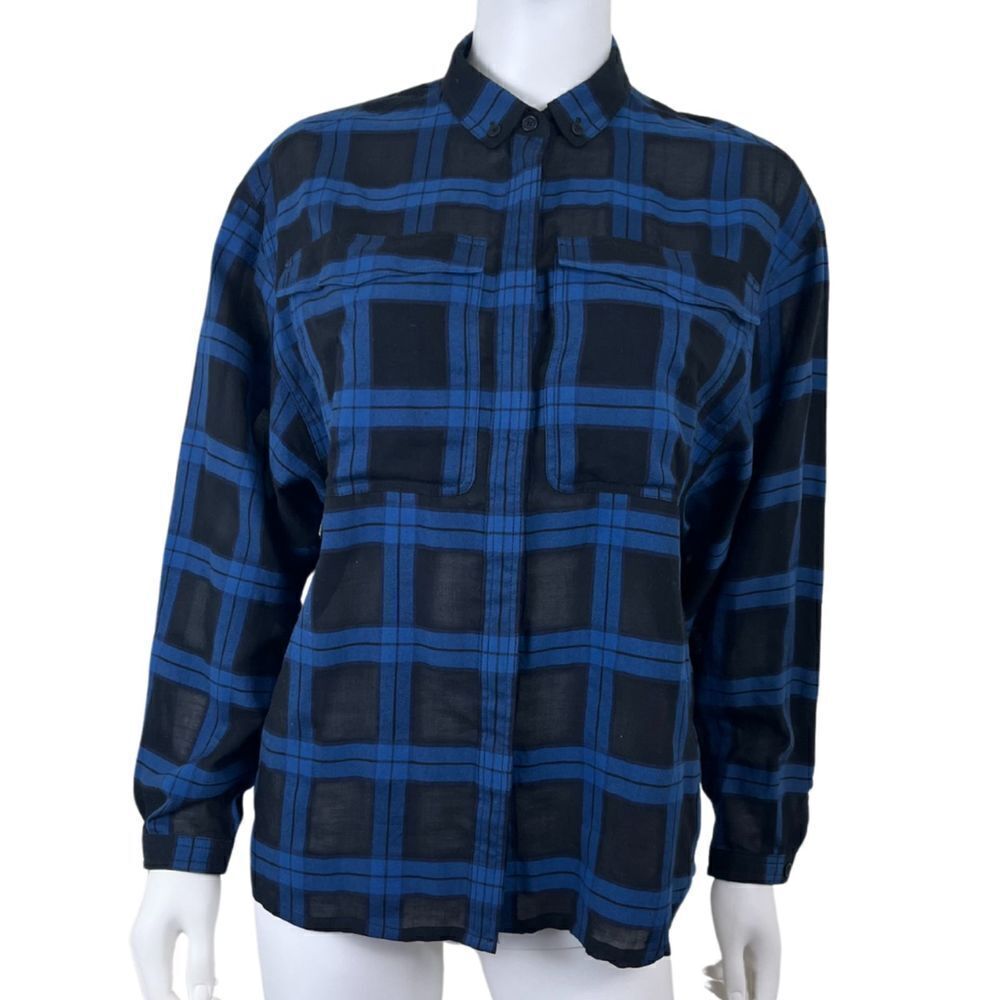 Burberry Brit Womens Size S Blue Black Plaid Cotton Flannel Boxy Blouse NEW Top